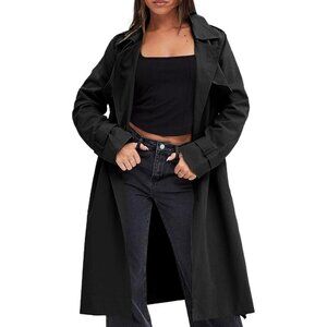 Women's Black Double-Breasted Trench Coat, Casual Windproof Overcoat with Belt